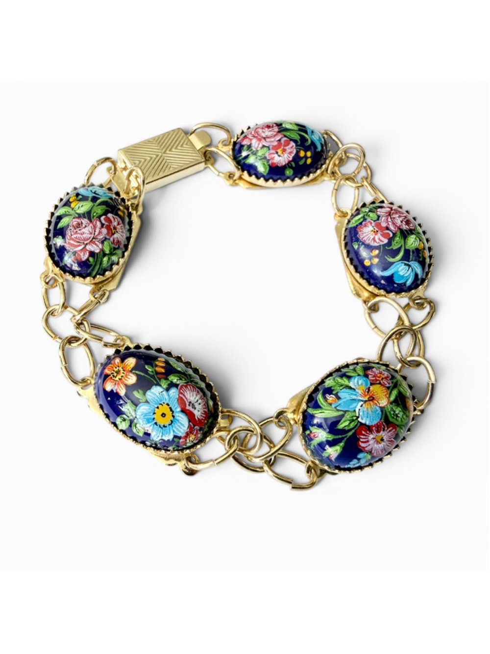 Vintage Hand Painted Porcelain Floral Bracelet Blue Porcelain Cabochon Bracelet - Picture 2 of 6